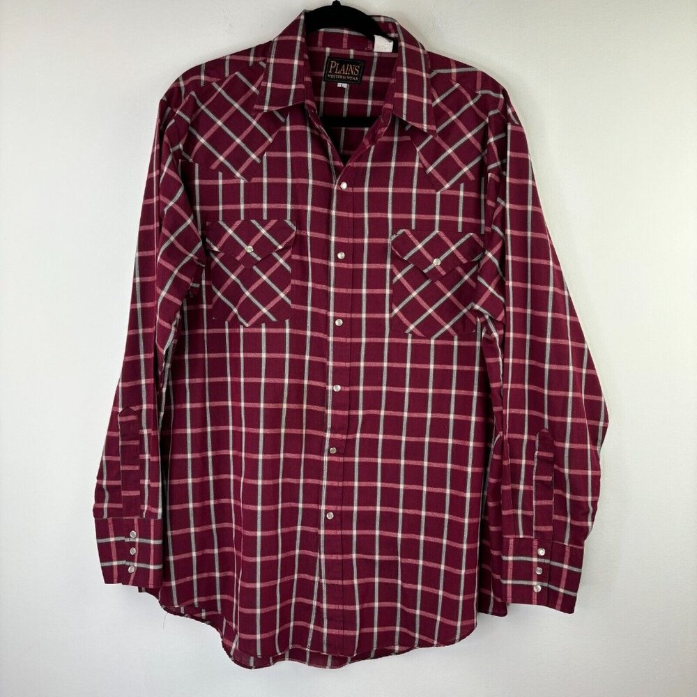 Plains Western Wear Mens Large Long Sleeve Cowboy Pearl Snap Button Down Vintage